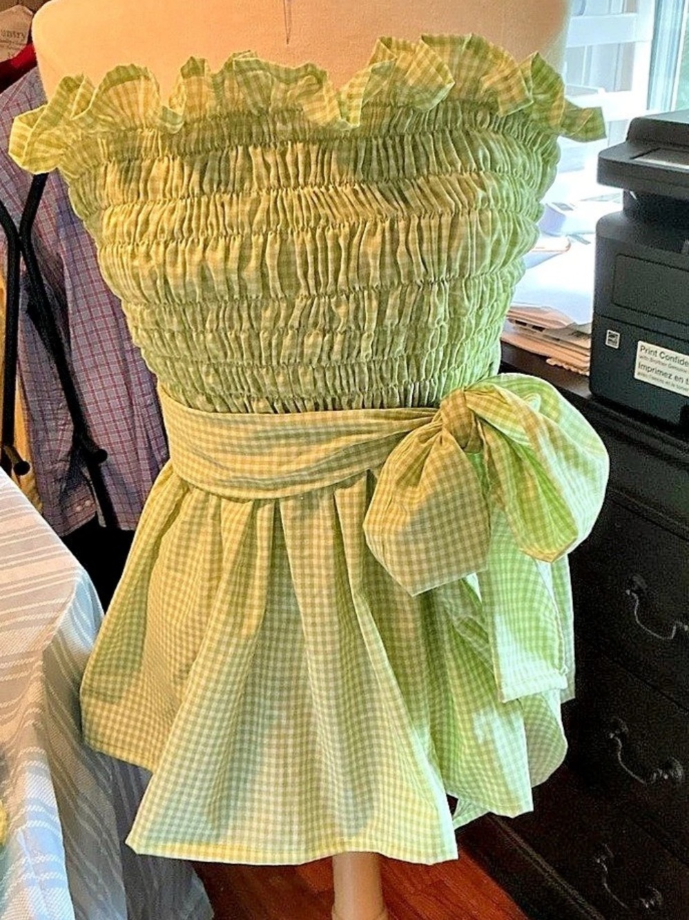 Handmade Green & White Gingham Mini Dress women Small